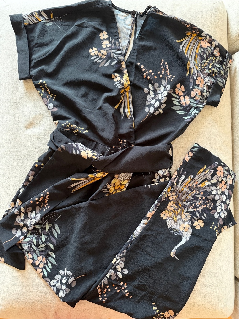 Zara Floral Print Black Satin Sleepsuit Romper